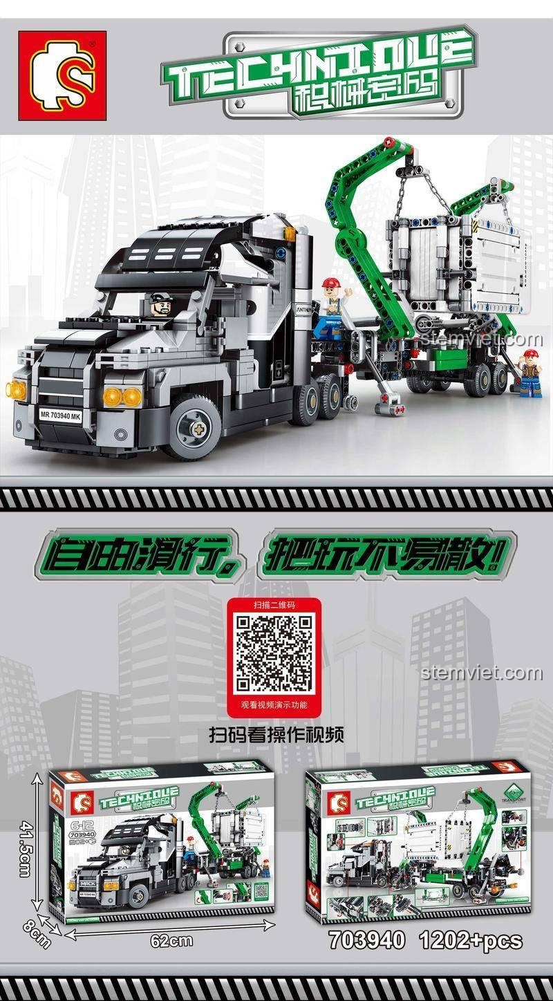 Hộp sản phẩm bộ lắp ráp Xe Tải Chở Hàng SEMBO 703940, hiển thị kích thước hộp 62x8x41.5cm và số lượng 1202 mảnh ghép, phù hợp làm quà tặng.