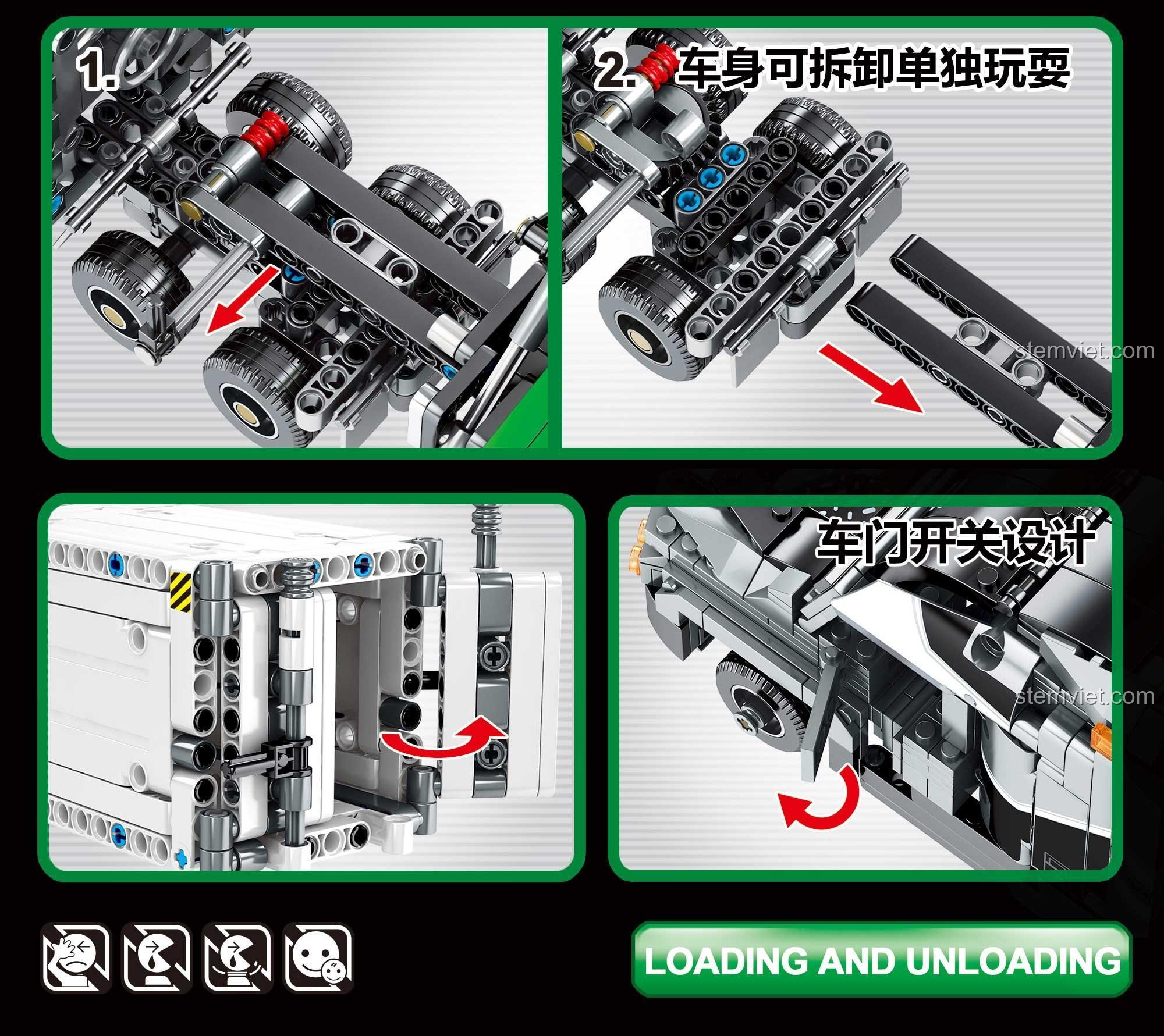 Các tính năng nổi bật của bộ lắp ráp Xe Tải Chuyên Dụng SEMBO 703940, bao gồm khả năng tháo rời thân xe và thiết kế cửa mở linh hoạt, giúp bé trai 6 tuổi khám phá.