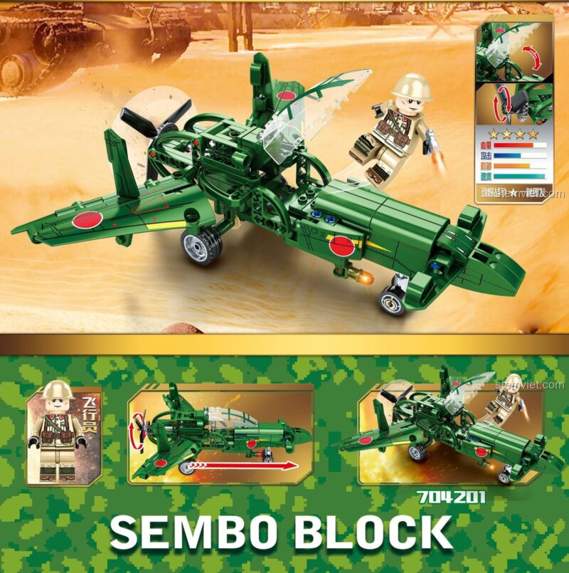 Chi tiết mô hình máy bay J7W1 704201 và minifigure phi công. Cánh quạt có thể quay, phù hợp cho bé trai 6 tuổi.