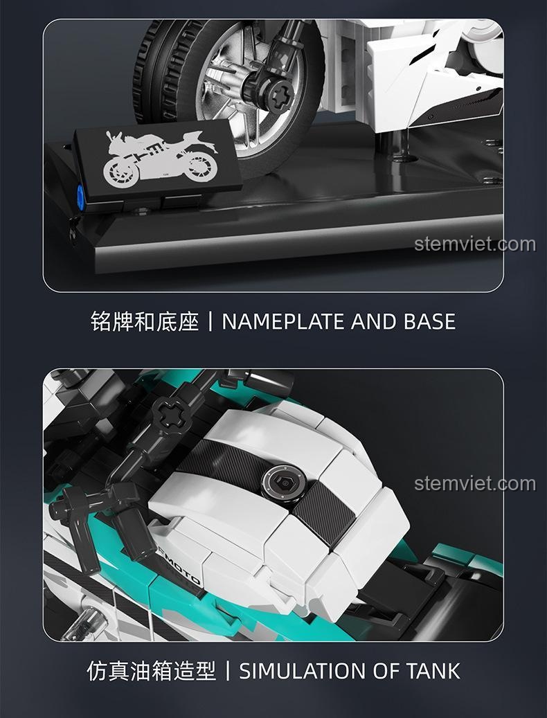 Chi tiết bình xăng và đế trưng bày của bộ lắp ghép SEMBO 705301 Xe mô tô CFMOTO 250SR, đồ chơi xây dựng đáng tiền.