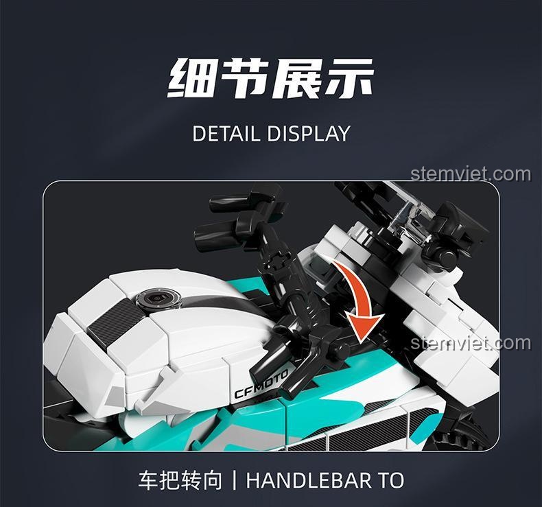 Cận cảnh chi tiết tay lái của mô tô CFMOTO 250SR SEMBO 705301, thể hiện tính năng xoay, đồ chơi mô hình chất lượng.