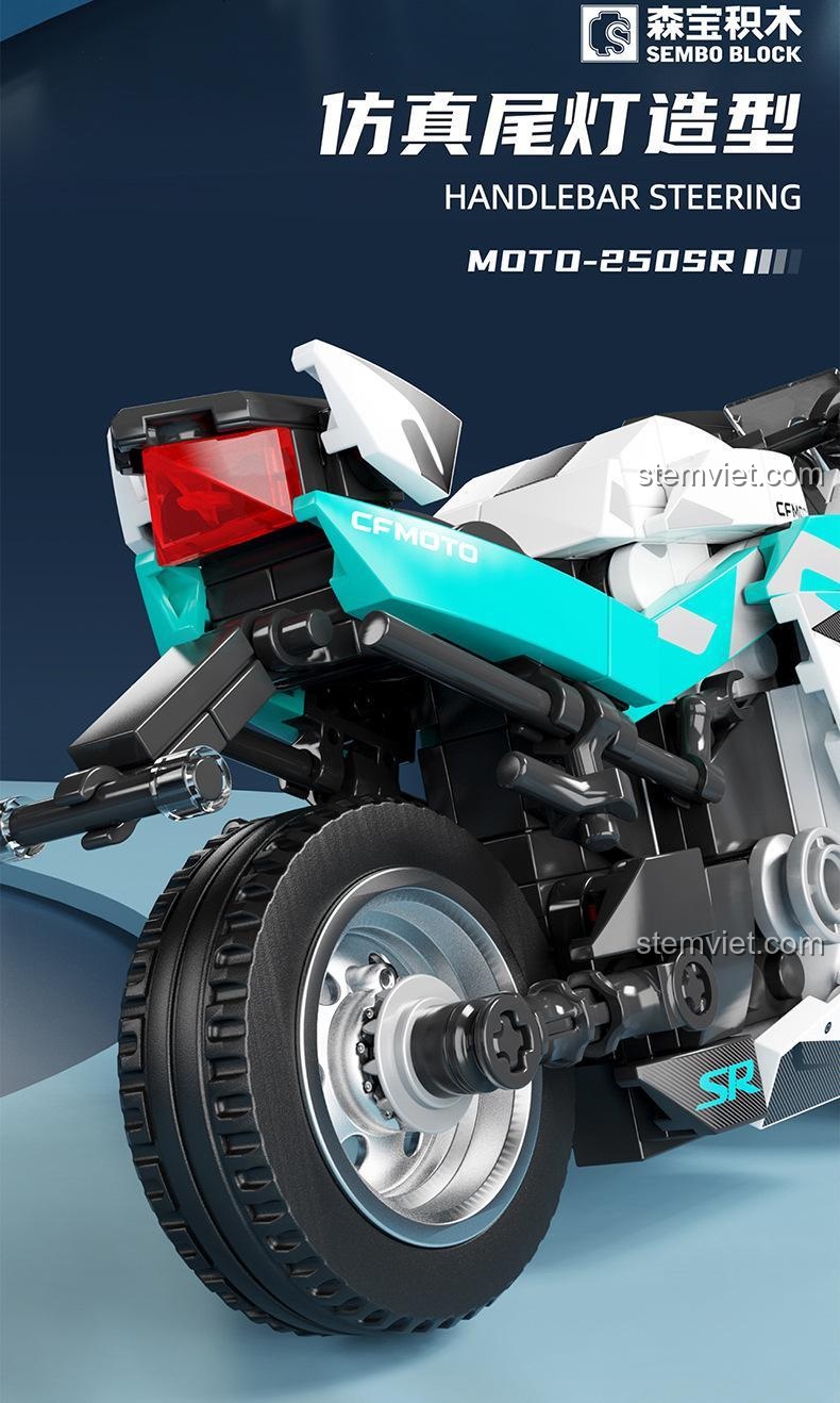 Chi tiết đèn hậu mô phỏng chân thực của mô tô CFMOTO 250SR SEMBO 705301, đồ chơi xây dựng chất lượng cao cho bé trai.