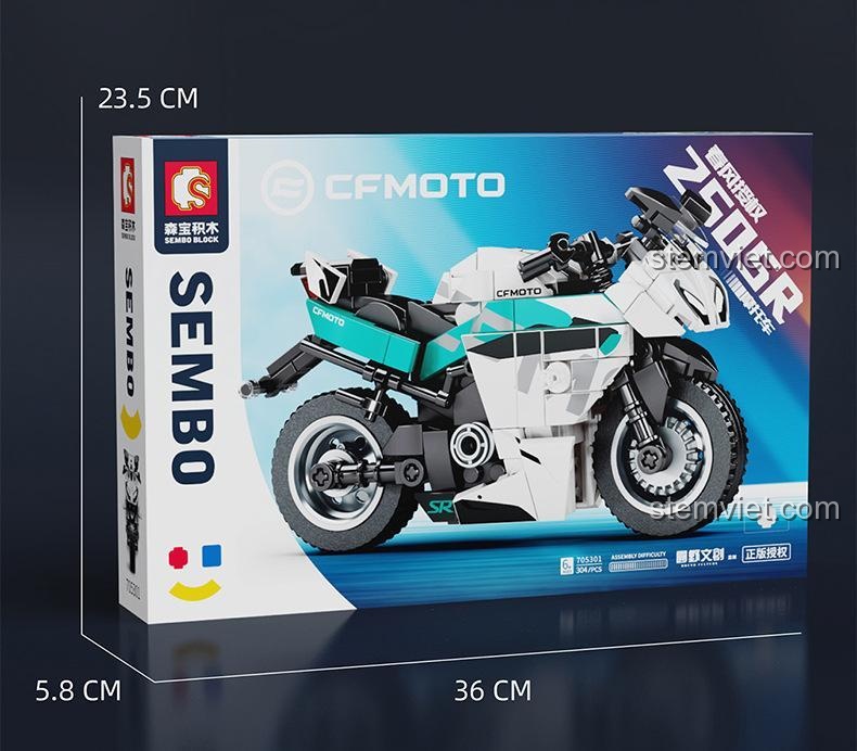 Kích thước hộp của bộ lắp ghép SEMBO 705301 Xe mô tô CFMOTO 250SR, chi tiết sản phẩm cho bé trai.