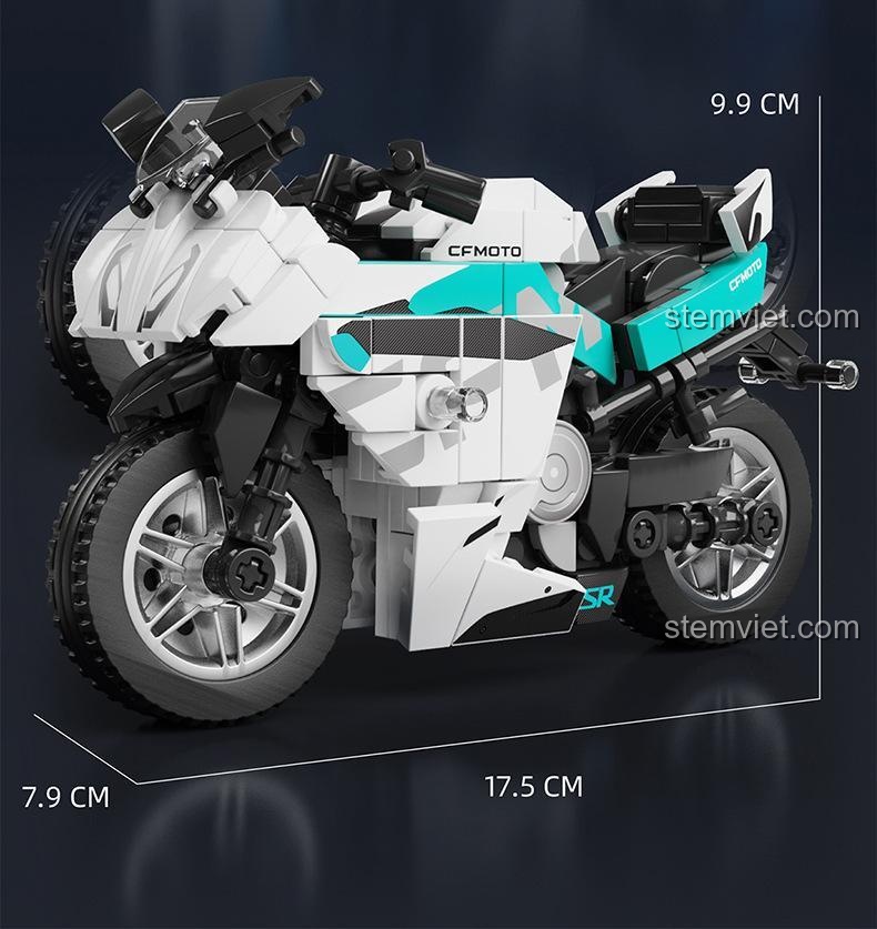 Kích thước chi tiết của mô hình xe mô tô CFMOTO 250SR SEMBO 705301, bộ đồ chơi lắp ráp phù hợp bé trai 6 tuổi.