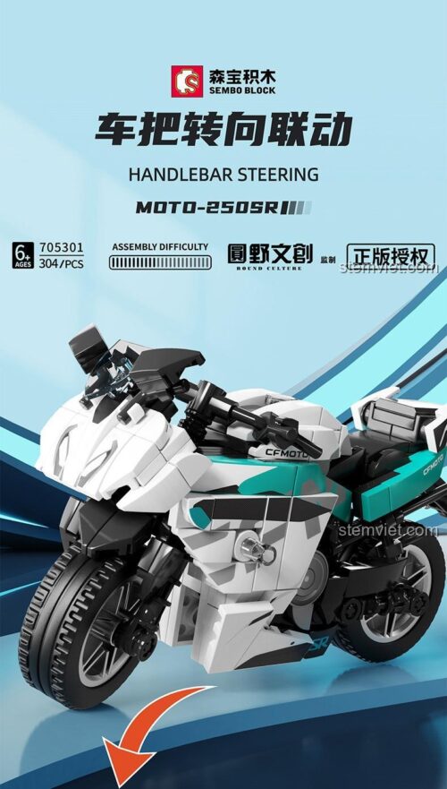 Mô hình xe mô tô CFMOTO 250SR SEMBO 705301 với tính năng tay lái xoay linh hoạt, bộ lắp ghép đồ chơi cho bé trai 6 tuổi phát triển tư duy.