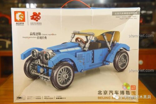 Hộp sản phẩm bộ lắp ghép Bugatti T38A SEMBO 705600, hiển thị hình ảnh xe cổ điển và thông tin 482 chi tiết.