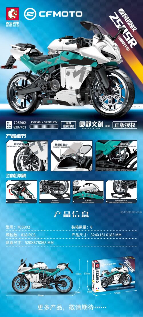 Bộ lắp ráp Mô tô Cfmoto 250SR SEMBO 705902, đồ chơi mô hình xe máy Cfmoto 250SR cho bé trai 6 tuổi, giá tốt