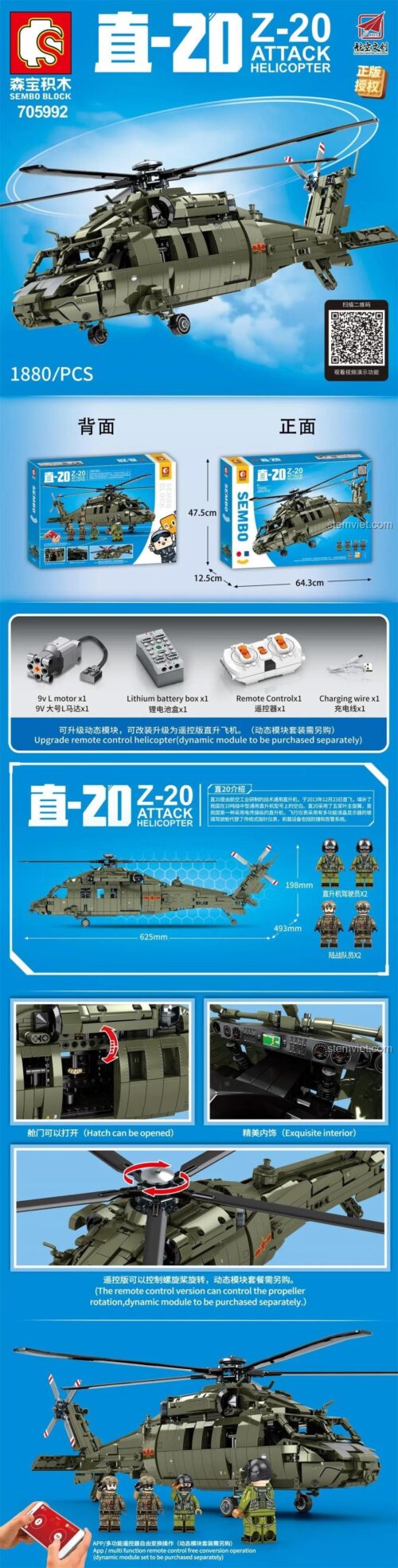Bộ nâng cấp động cơ và điều khiển từ xa (RC) cho bộ đồ chơi SEMBO 705992 Trực thăng Z-20, bao gồm L motor, pin lithium và remote.