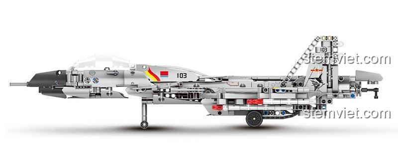 Hình ảnh chi tiết mặt bên của bộ xếp hình SEMBO 705996 Máy bay quân sự J-15, thể hiện các chi tiết kỹ thuật và thiết kế tinh xảo.