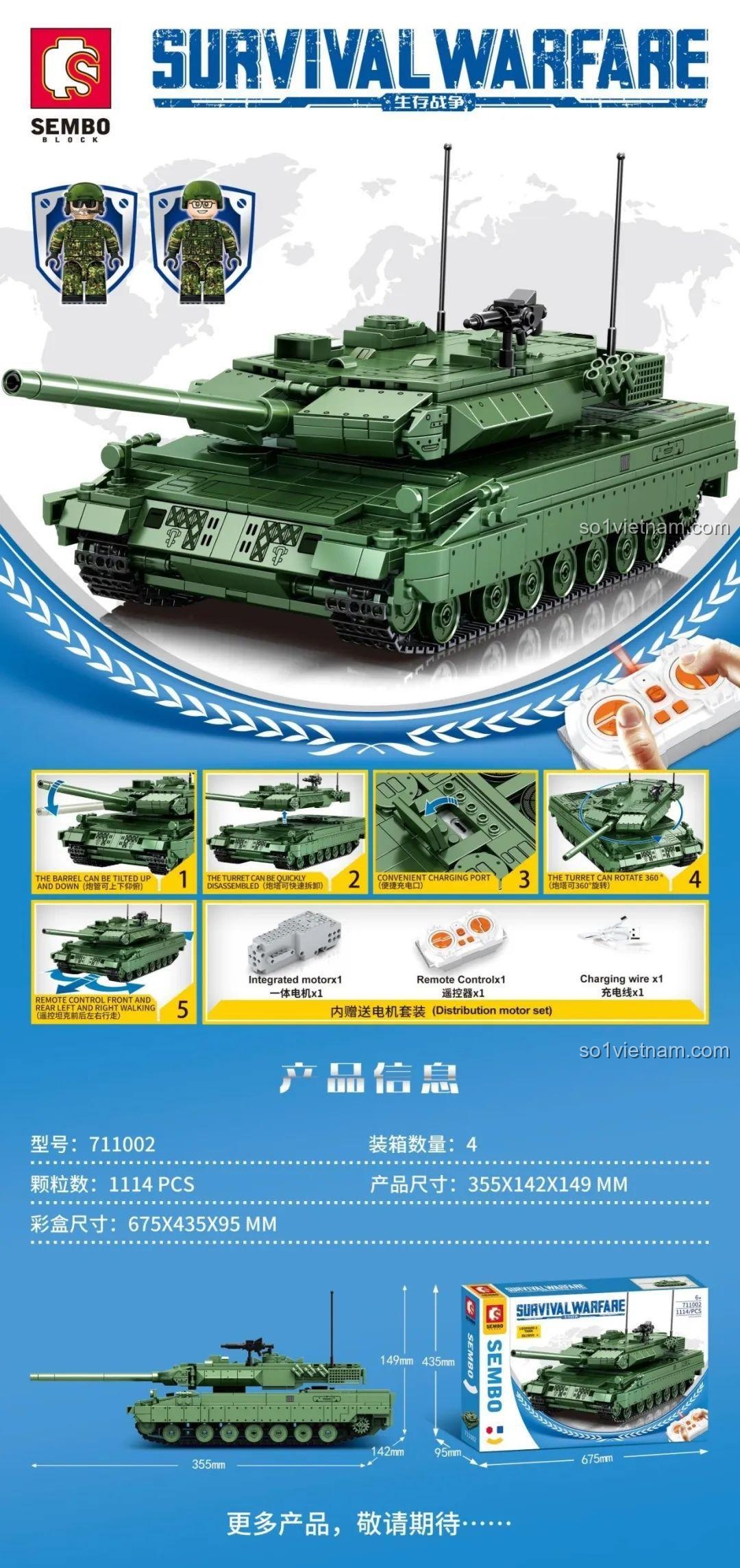 Mô tả tính năng chi tiết Xe Tăng Leopard 2 Điều Khiển Từ Xa SEMBO 711002, có động cơ và điều khiển từ xa, đồ chơi giáo dục
