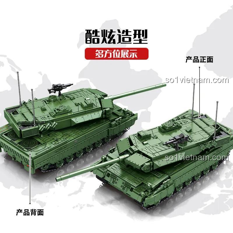 đồ chơi mô hình 711002 Xe Tăng Leopard 2 Điều Khiển Từ Xa, thể hiện chi tiết mặt trước và sau, chất lượng cao