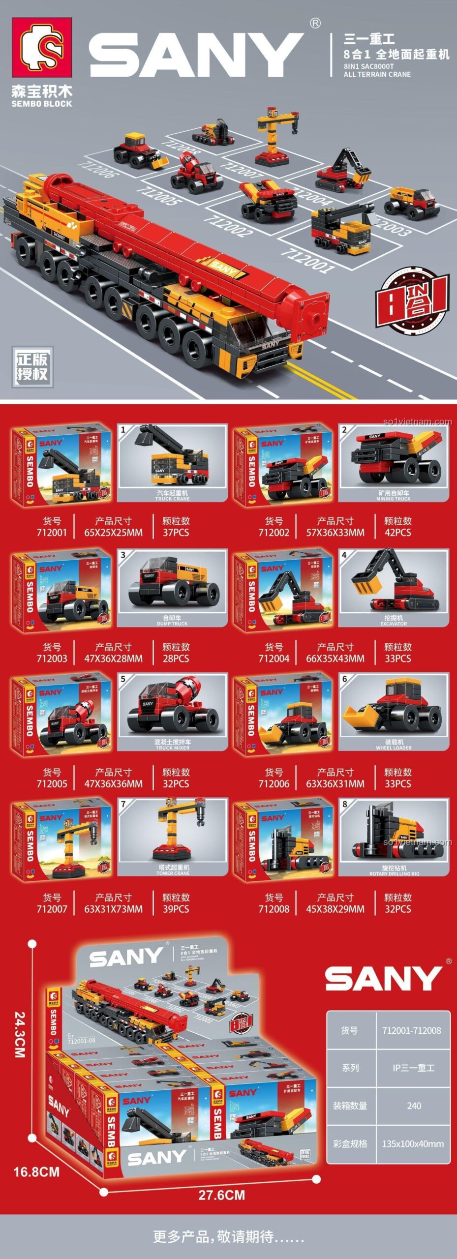 Hộp sản phẩm bộ lắp ghép Sembo 712007, hiển thị 8 mẫu xe công trình nhỏ và mô hình cần cẩu SANY lớn. Món quà giá tốt cho con trai.