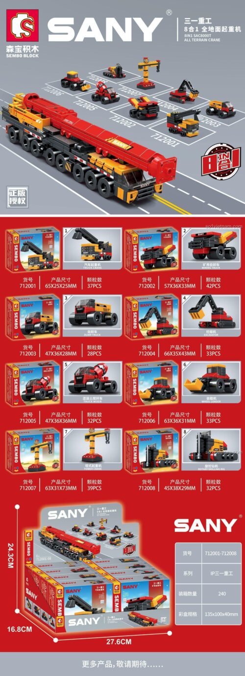 Hộp và chi tiết 8 mẫu xe nhỏ của bộ lắp ráp Xe công trình SANY 712008, đồ chơi mô hình Sembo chất lượng cao.