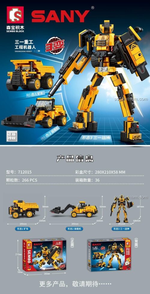 Hộp đồ chơi mô hình Sembo 712015 thể hiện 3 cách lắp ráp: Robot Kỹ Sư, Xe Ben Mỏ và Xe Xúc Lật, món quà tuyệt vời cho bé.