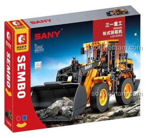 Hộp sản phẩm đồ chơi mô hình Sembo 712016, mô hình Xe Xúc Lật SANY SW966K với 896 chi tiết, chất lượng cao.