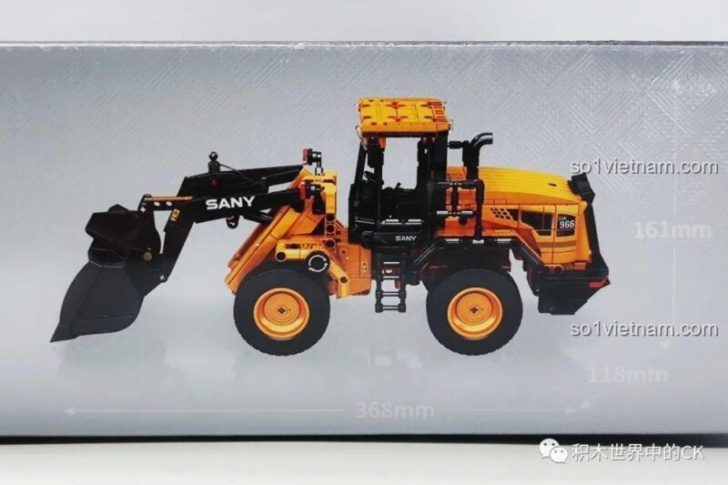 Mặt sau hộp của bộ lắp ráp Mô hình Xe Xúc Lật SANY SW966K Sembo, hiển thị các chức năng và chi tiết.