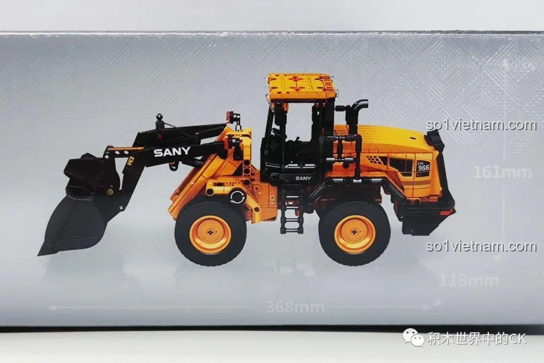 Mặt sau hộp của bộ lắp ráp Mô hình Xe Xúc Lật SANY SW966K Sembo, hiển thị các chức năng và chi tiết.