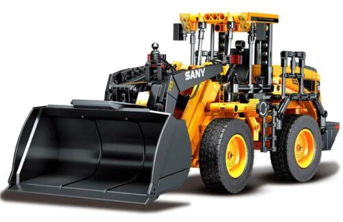 Mô hình chính diện của bộ lắp ráp Xe Xúc Lật Bánh Lốp SANY SW966K mã 712016 của Sembo, dành cho bé trai trên 6 tuổi, giá rẻ.