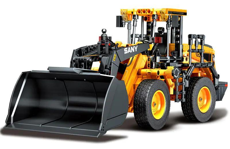 Mô hình chính diện của bộ lắp ráp Xe Xúc Lật Bánh Lốp SANY SW966K mã 712016 của Sembo, dành cho bé trai trên 6 tuổi, giá rẻ.