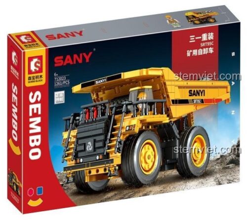 Hộp sản phẩm bộ lắp ráp xe ben mỏ SANY SRT9SC SEMBO 712023, món quà tuyệt vời cho bé trai yêu thích xe công trình.