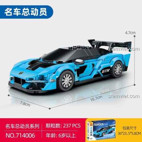 Ảnh thể hiện kích thước chi tiết của bộ lắp ráp xe đua McLaren Senna GTR 714006 và thông tin vỏ hộp, phù hợp cho bé trai trên 6 tuổi.