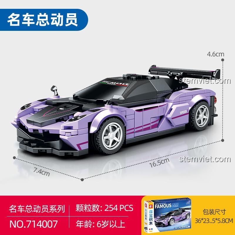 Kích thước chi tiết của đồ chơi mô hình Sembo 714007 Xe đua Pagani Zonda R, món quà sáng tạo cho con trai.