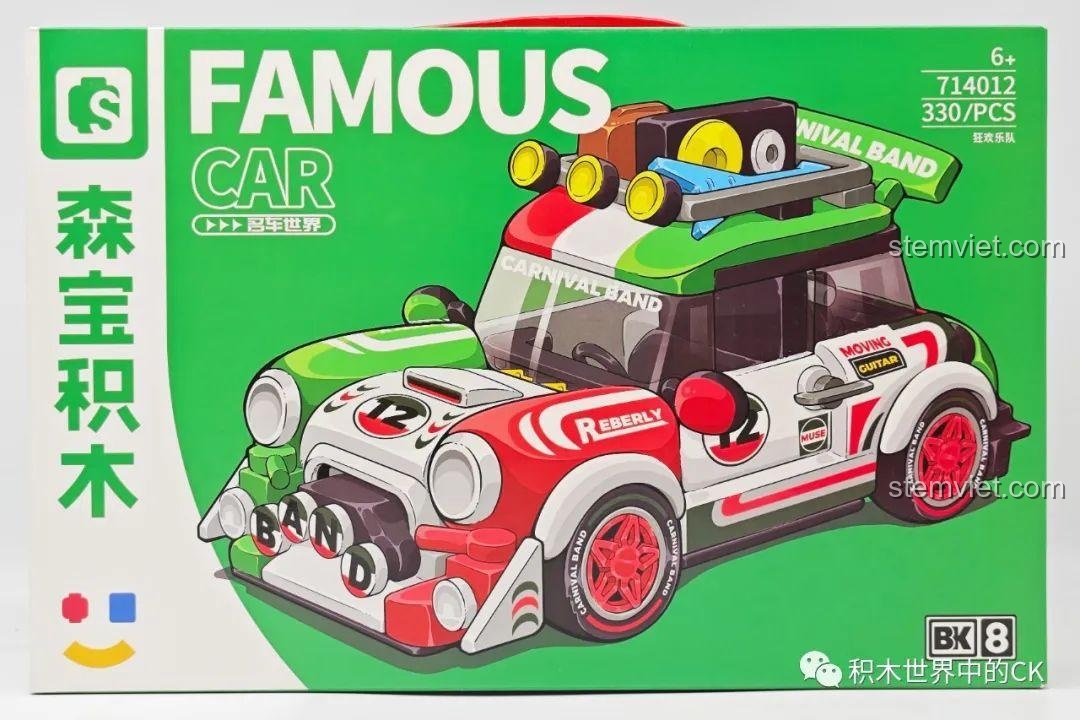 Hộp đồ chơi lắp ráp SEMBO 714012 Xe Đua Mini Carnival Band BK.8 với hình ảnh xe đua màu sắc nổi bật, mã sản phẩm và số mảnh ghép.