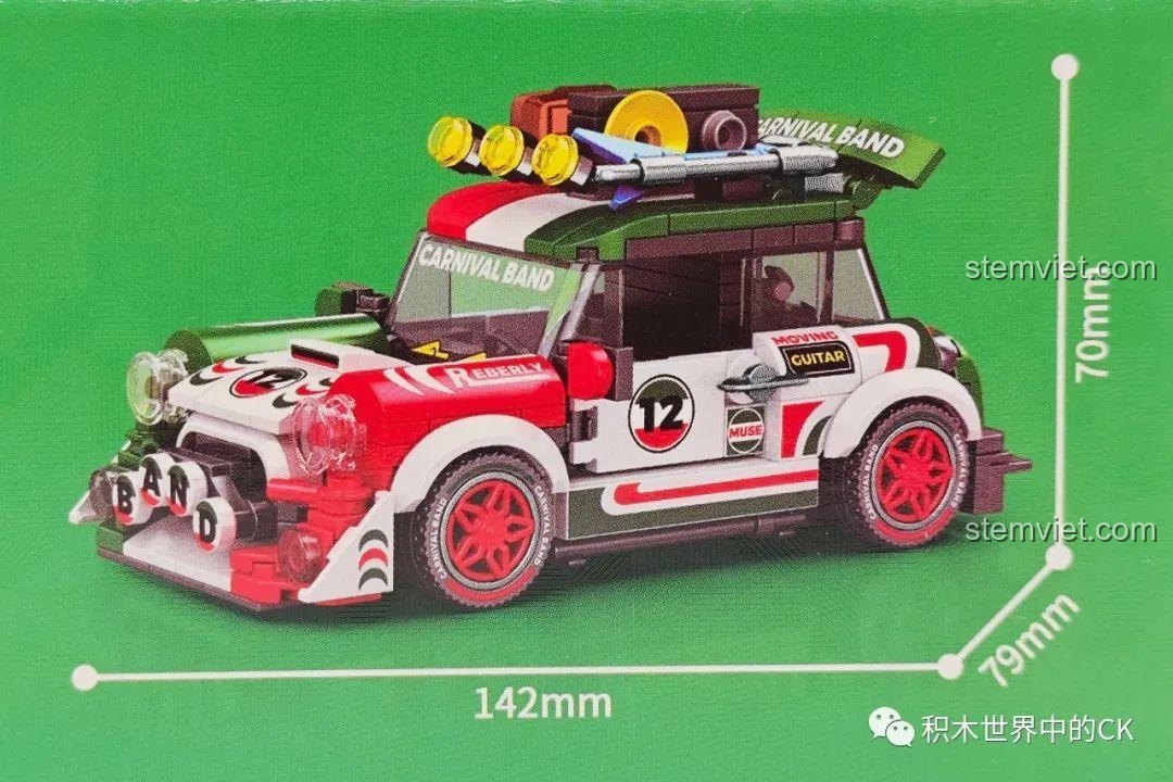 Hình ảnh kích thước chi tiết của mô hình xe đua SEMBO 714012 Xe Đua Mini Carnival Band BK.8 sau khi lắp ráp, với chiều dài, rộng, cao rõ ràng.