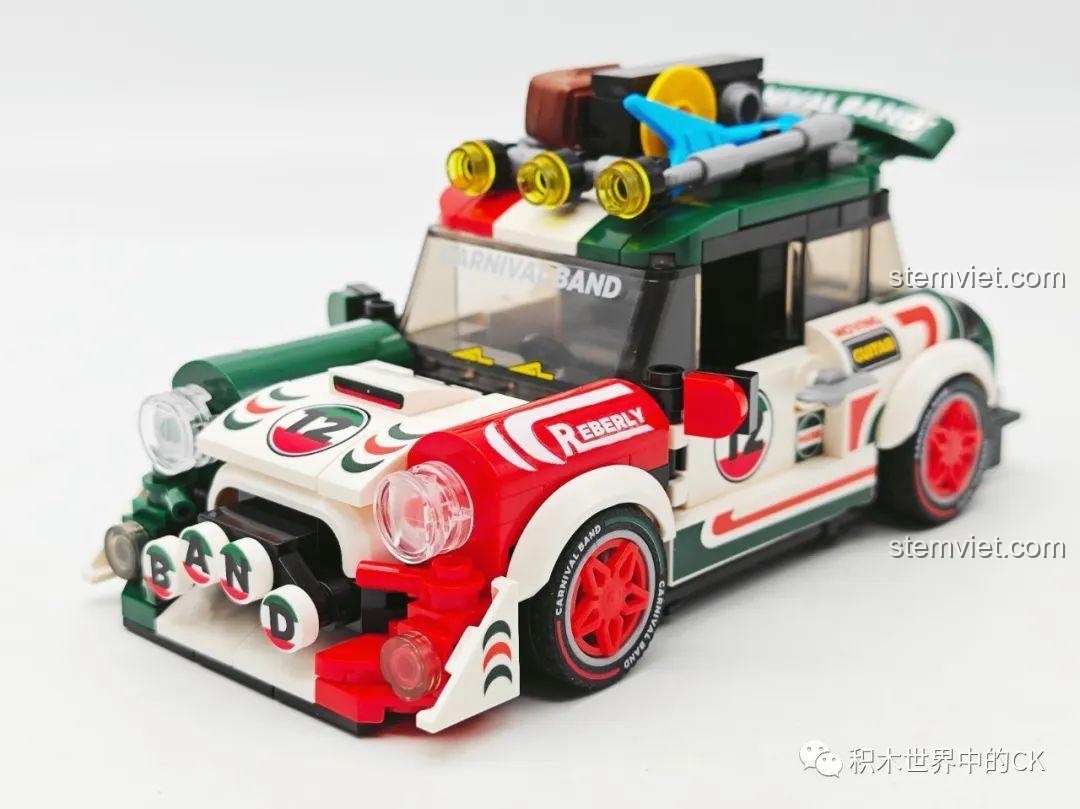 Mô hình xe đua SEMBO 714012 Xe Đua Mini Carnival Band BK.8 đã hoàn thành, góc nhìn 3/4 phía trước, thể hiện rõ thiết kế và màu sắc nổi bật.