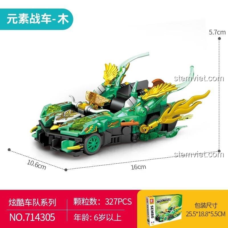 Kích thước chi tiết của đồ chơi mô hình SEMBO 714305 Chiến Xa Nguyên Tố Mộc sau khi lắp ráp hoàn chỉnh.