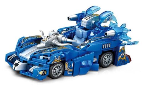 Hình ảnh hộp và sản phẩm hoàn thiện của bộ lắp ráp Xe Đua Nguyên Tố Thủy SEMBO 714306, một lựa chọn giá tốt so với LEGO.