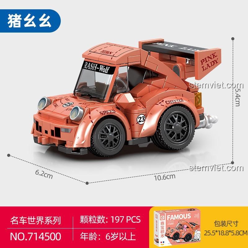 Mô hình Xe Đua Q-Style SEMBO 714500 màu hồng với kích thước 10.6x6.2x5.4cm, chi tiết tinh xảo cho bé trai 6 tuổi.