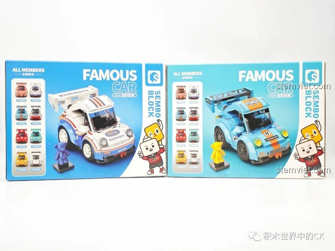 Mặt sau hộp bộ lắp ráp SEMBO 714500 Xe Đua Q-Style Đội Gấu Con, hiển thị 8 mẫu xe khác nhau.
