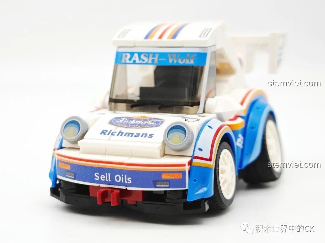 Cận cảnh mặt trước Xe Đua Hoạt Hình SEMBO 714500 màu xanh trắng, chi tiết đèn pha và logo Richmans.