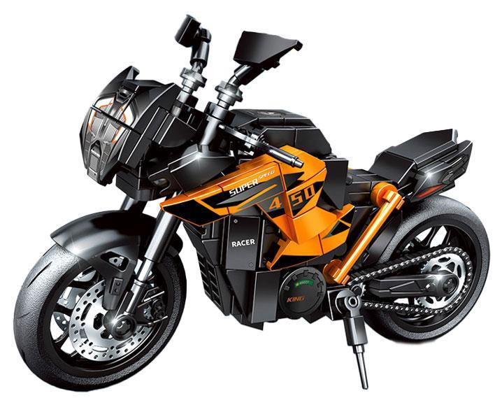 Ảnh chụp chi tiết bộ lắp ráp mô hình mô tô địa hình KTM 1290 Super Adventure S SEMBO 714555, màu cam đen, dành cho bé trai 6 tuổi.