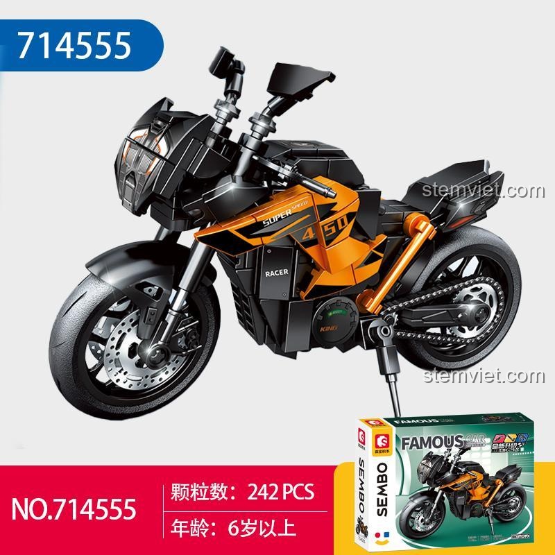 Ảnh hộp sản phẩm đồ chơi mô hình SEMBO 714555 mô phỏng xe máy KTM, với 242 mảnh ghép, giá rẻ.
