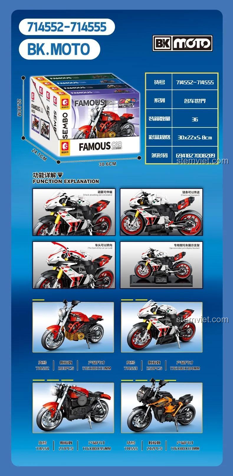 Infographic bộ xếp hình xe máy KTM 714555 và các mẫu khác trong series, thể hiện kích thước và các tính năng như giảm xóc, xích tải.