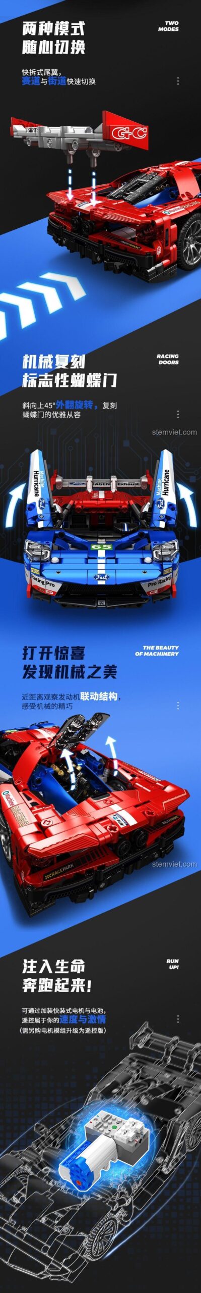 Chi tiết cửa cánh bướm và cánh gió sau của bộ lắp ráp SEMBO 715001 Xe Đua Ford GT Thần Tốc, đồ chơi lắp ghép 1257 khối, rèn luyện tư duy.