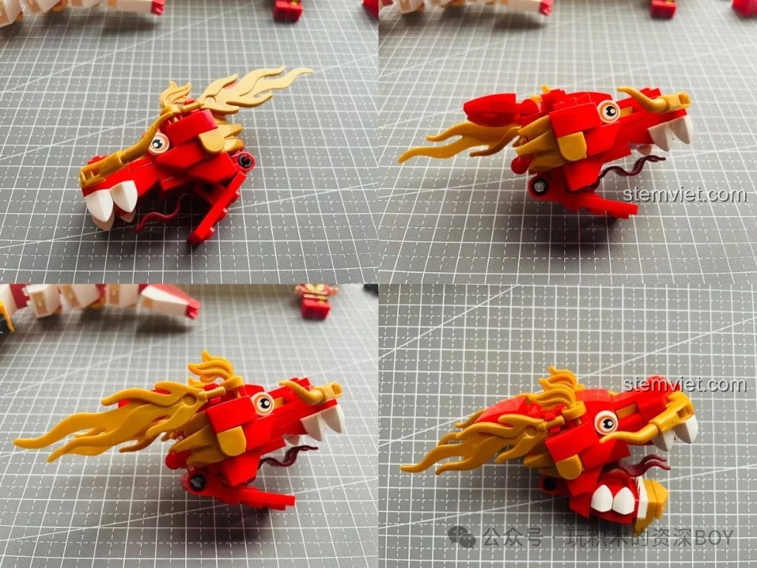 Bốn góc nhìn khác nhau của đầu rồng trong bộ Mô Hình Múa Rồng Đón Xuân SEMBO 201015, thể hiện chi tiết hàm răng và sừng.