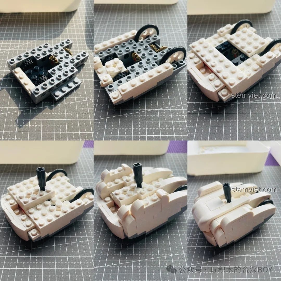 Các bước lắp ráp chi tiết phần đế và thân xe của bộ Mô Hình Múa Rồng Đón Xuân SEMBO 201015, thể hiện cấu trúc vững chắc.