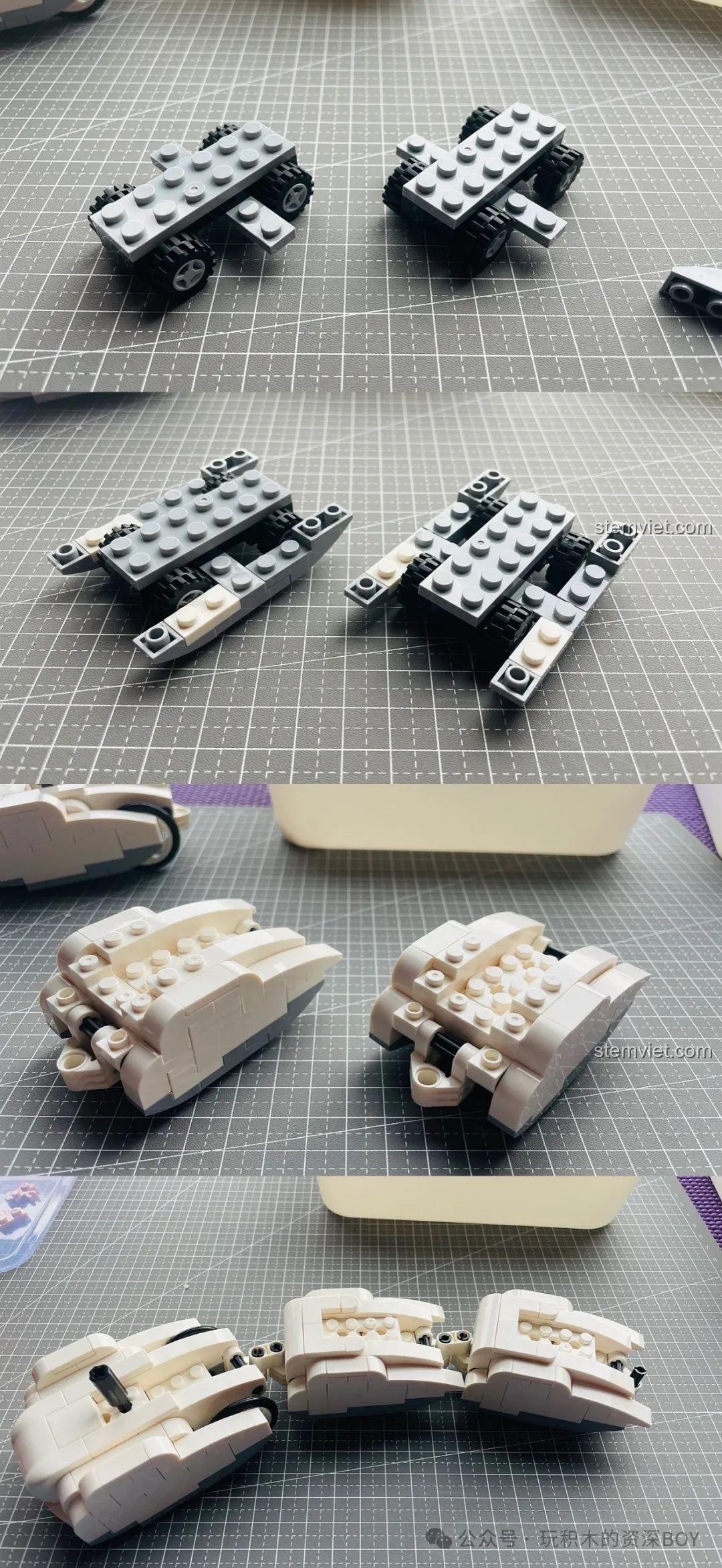 Hai phần đế xe đã hoàn thành của bộ Mô Hình Múa Rồng Đón Xuân SEMBO 201015, sẵn sàng để kết nối với nhau.