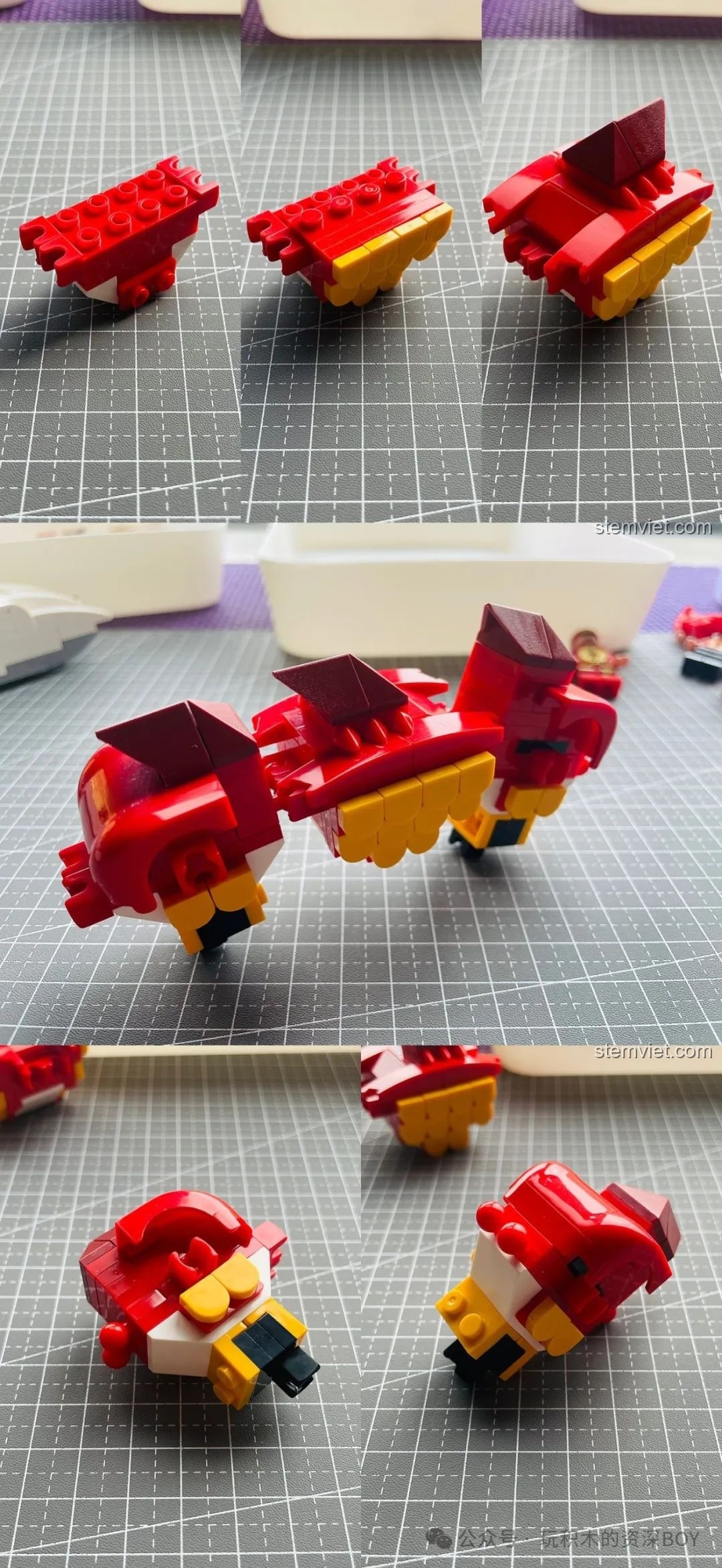 Các bước lắp ráp từng đốt thân rồng của bộ Mô Hình Múa Rồng Đón Xuân SEMBO 201015, với màu đỏ và vàng đặc trưng.