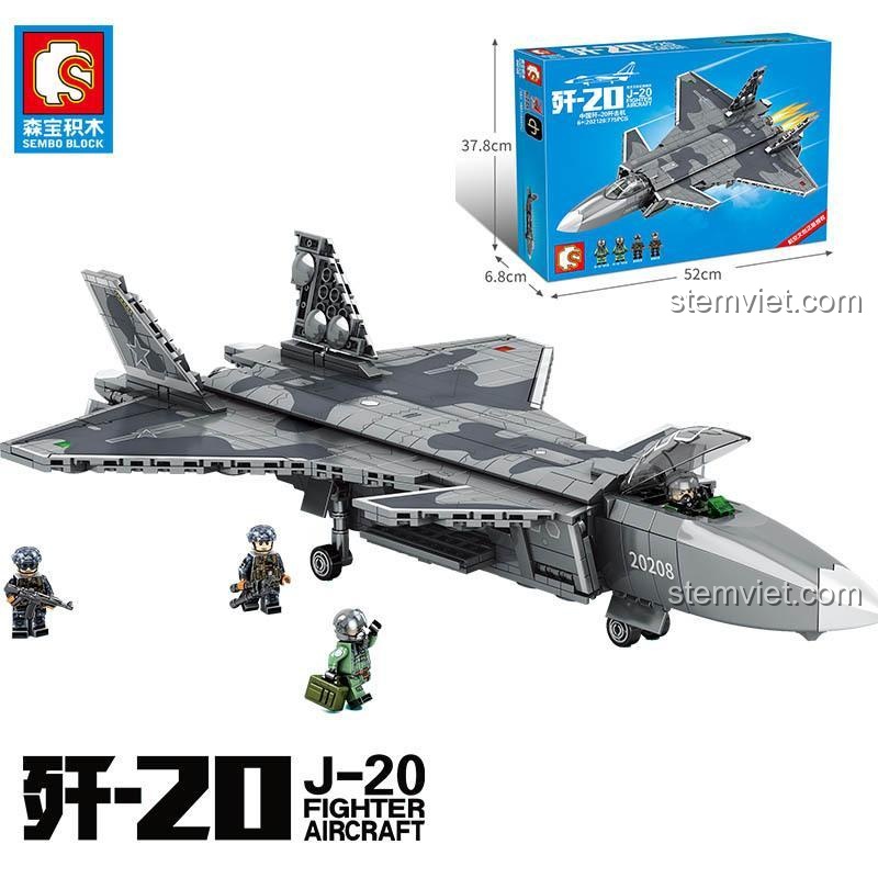 Hộp đồ chơi mô hình Tiêm kích tàng hình J-20 SEMBO Block 202128, thể hiện kích thước chi tiết, phù hợp cho bé trai 6 tuổi yêu thích máy bay quân sự.