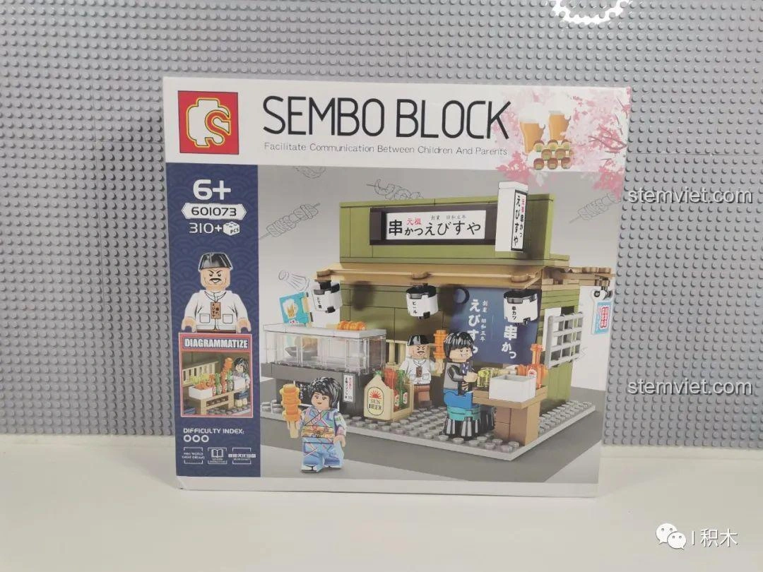 Hộp đồ chơi lắp ráp Cửa hàng xiên nướng Nhật Bản SEMBO Block 601073 với hình ảnh mô hình hoàn chỉnh và thông tin sản phẩm.