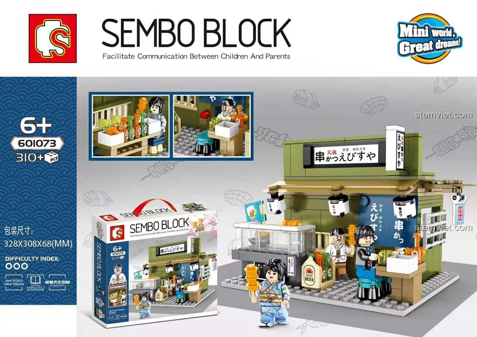 Hộp bộ lắp ghép Mô hình quán ăn Nhật SEMBO Block 601073, hiển thị 310 mảnh ghép, 3 minifigures, độ tuổi 6+, giá tiết kiệm.