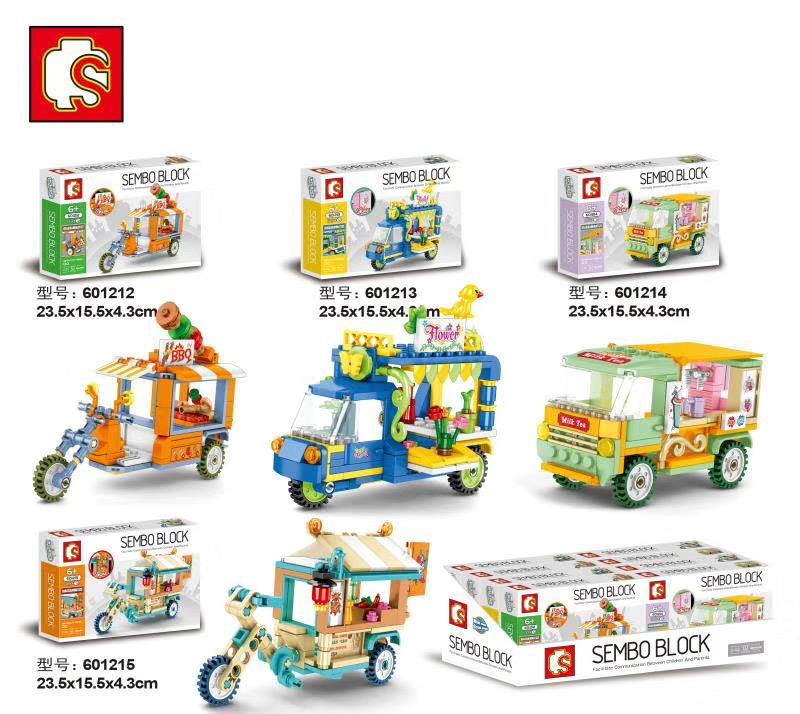 Bộ đồ chơi Sembo Block 601213 xe bán hàng rong mini, bộ lắp ghép xe đẩy hàng cho bé 6 tuổi, giá tốt, phố xá sôi động.