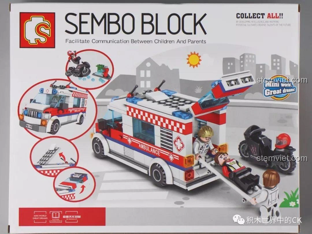Mặt sau hộp bộ lắp ráp Xe Cấp Cứu Sembo Block 601303 hiển thị các tính năng và góc nhìn khác của mô hình.