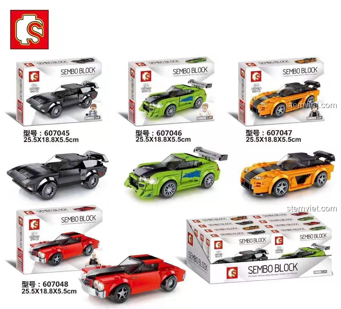 Hộp sản phẩm bộ đồ chơi SEMBO Block 607045 Xe De Tomaso Pantera GT5-S và các mẫu xe khác trong series Famous Car, thể hiện kích thước hộp 25.5x18.8x5.5cm, phù rợp cho bé trai.