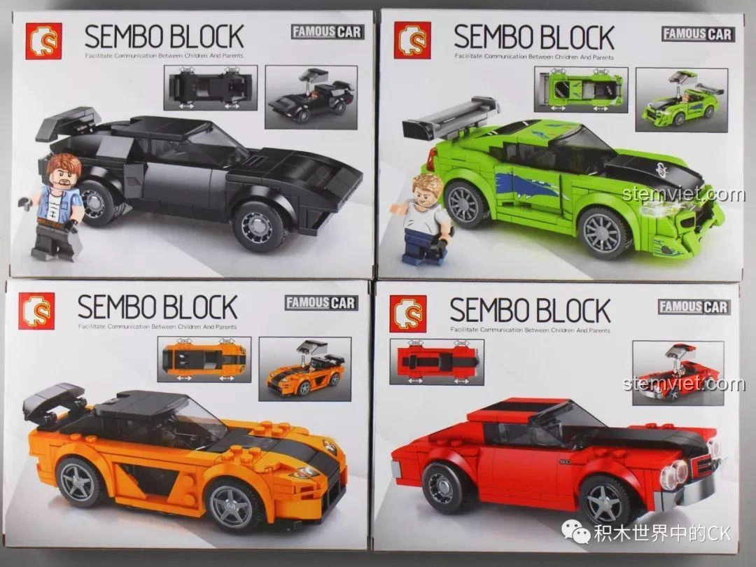 Chi tiết hộp bộ lắp ráp Sembo Block Famous Car Series 607045-607048, giới thiệu các tính năng và góc nhìn khác của 4 mẫu xe đua. Đồ chơi lắp ráp xe hơi cho trẻ em.