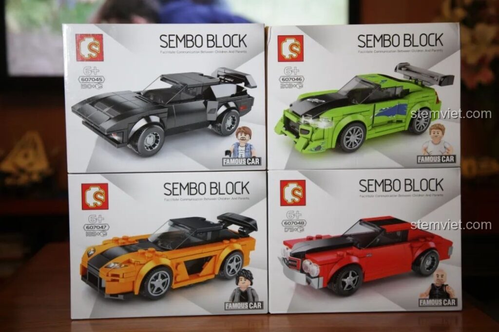 Hộp 4 mẫu xe Sembo Block 607045-607048: De Tomaso Pantera, Mitsubishi Eclipse, Mazda RX7, Chevrolet Chevelle SS
